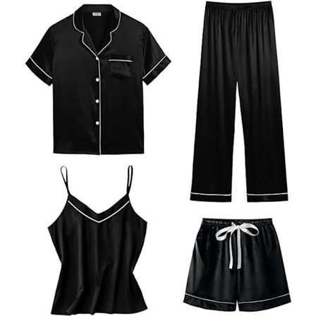 Dam 4-delad pyjamas set i siden satin sovkläder sexig pjs loungewear