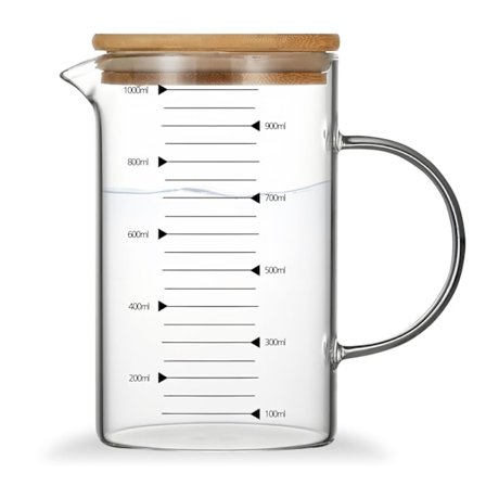 Glas Målekop: 1000 ml transparent målekop med trælåg, egnet til blendere, juice, mælk og bagning.