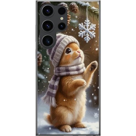Kompatibelt Mobildeksel til Samsung Samsung Galaxy S24 Ultra Vinterkanin med lue og skjerf som beundrer en snøflak, et varmt og sjarmtfullt vintermot