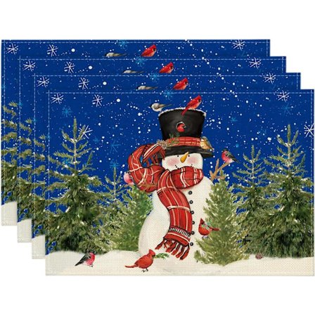 (D)Julbordsplaceringar Set om 4, Snögubbe, Röda Tallband, Semesterdekoration, Placeringar, Tvättsbara för Kök, Matbord