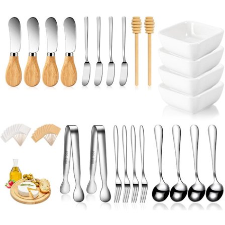44-delers bestikksett med ostekniv, kakegafler, kaffeskjeer, øse, serveringsgaffel, bolle og matetiketter - Perfekt for kjøkkenet