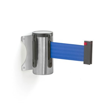 Belt barrier, wall mounted, 2300 mm, brushed steel, blue belt