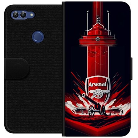 Yhteensopiva Lompakkokotelo Huawei P smart Arsenal-embleemi, jossa tykki ja stadionmotiivi voimakkaassa punaisessa ja valkoisessa urheilusuunnitteluss