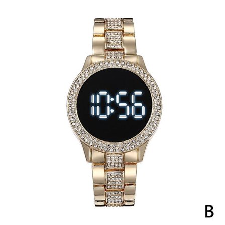 LED-ur i rustfrit stål, dobbelt række, rhinsten, multifunktionelt, magnetisk spænde, digitalt ur