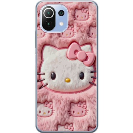 Kompatibel Mobilcover til Xiaomi Mi 11 Lite Hello Kitty lyserød fluffy baggrund med ikonisk ansigt og kawaii-æstetik