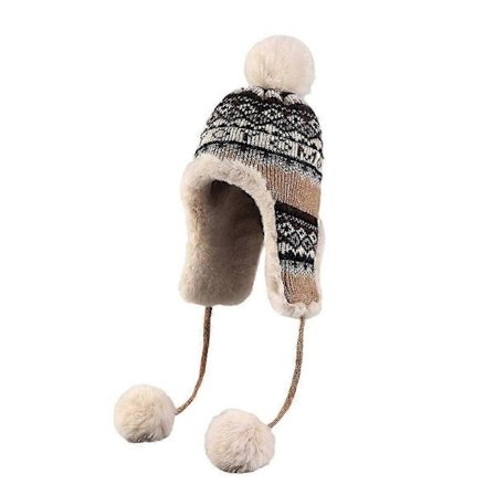 Neulottu talvipipo vaahteranlehtikuviolla ja tupsulla - Lämmin fleecevuorattu trapper-tyylinen hattu mukavaan ulkomuotiin