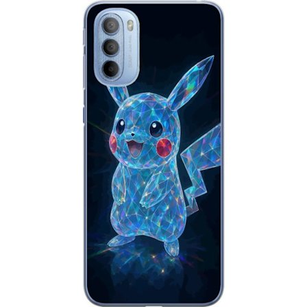 Motorola Moto G31 Gennemsigtig cover Gnistrerende krystalfigur i blåt med holografiske refleksioner, sød karakter som skinner mod en mørk baggrund,