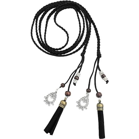 Tynn strikket PU-skinnbelte (svart) med frynser og perler Retro