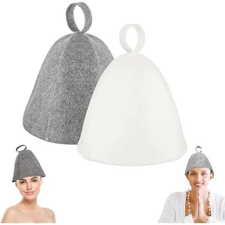 2 st Bastuhuvor, Original Ull, Bekväm och Andningsbar för Bastu, 100 % Naturliga Filt Bastutillbehör (Grå och Vit)
