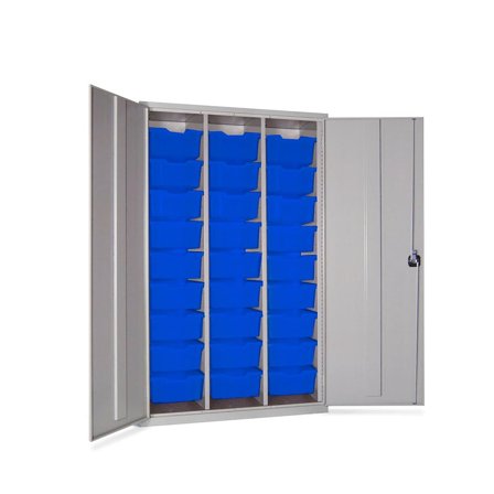 Lockable storage cupboard with trays, 27 trays, 1830x1120x457 mm, blue