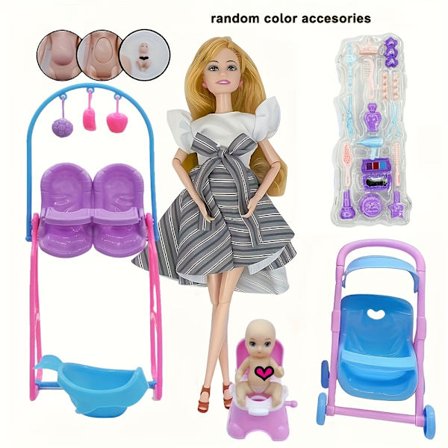 Stilfuld Gravid Mor Mave Pædagogisk Legetøjssæt Klapvognssæde Dukke med Tilbehør Legehus Fødselsdags Julegave[D]
