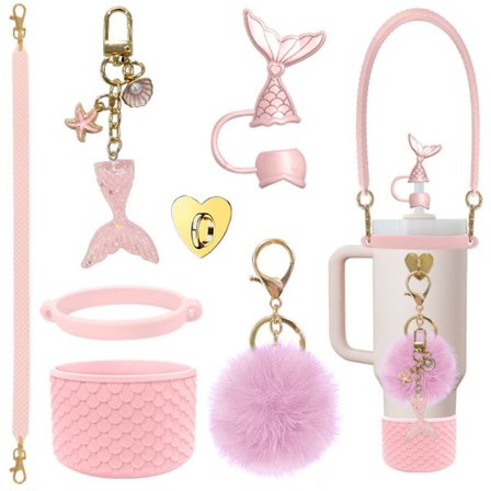 Havfrue 7-delt tilbehørssæt til Stanley Tumblers - Fiskeskæl Silikone Kopholder, Rem, Charms Red