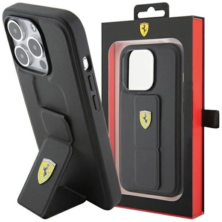 Ferrari Grip Stand Metal Logo beskyttelsesdeksel til iPhone 15 Pro - svart