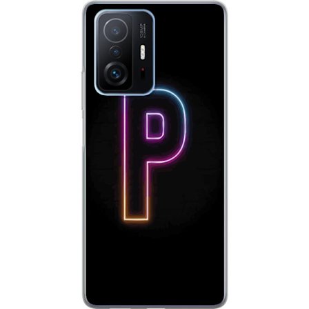 Kompatibel Mobilcover til Xiaomi Xiaomi 11T Minimalistisk neonbogstav P i farvegradient og lyseffekt mod sort baggrund i digital neonstil