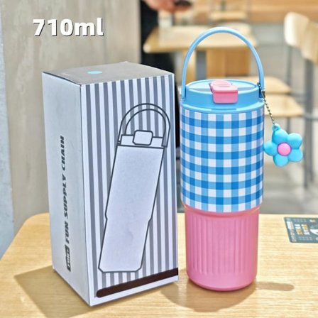 Gradvis vakuumflaske, enkel dame, stor kaffekop, bærbar håndkop, gavekop, blå 710 ml