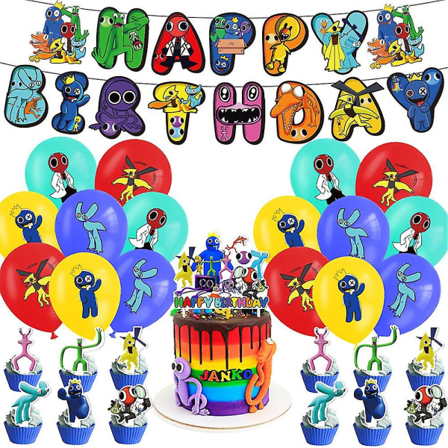Roblox-spelet Rainbow Friends 2-tema Glad Fødselsdagsfesttillbehör Cartoon Banner Ballonger Kit Tårta Topper Cupcakes Toppers Dekorationssats
