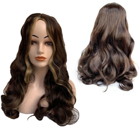 Peruukki tummanruskea sis. peruukkiverkko ja hiustenpidennyskampa
