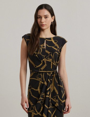 Lauren Ralph Lauren Belting-Print Jersey Tie-Front Dress - Black - 32