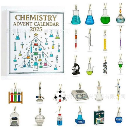 Kemi Julekalendere 2025, 24 Dages Jule Nedtællingskalender med Eksperimenter Kemi Sæt, 2D Akryl Videnskabstema Hængevedhæng, til