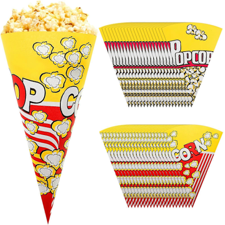 100 stk. Popcorn Papirposer med Tilspidsede Ender, Kegleformede Slikposer til Popcorn og Slik (W)