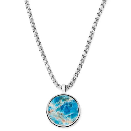 Orisun | Srebrzysty naszyjnik ze stali nierdzewnej z okrągłą zawieszką z apatytu dla mężczyzn - Stalowe naszyjniki