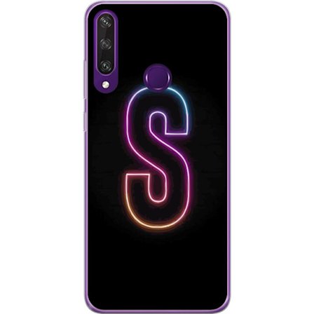 Yhteensopiva Puhelinkuori Huawei Huawei Y6p Neonkirjain S kirkkaissa pinkissä ja sinisissä sävyissä tummaa taustaa vasten, siisti kirjaintaide ret