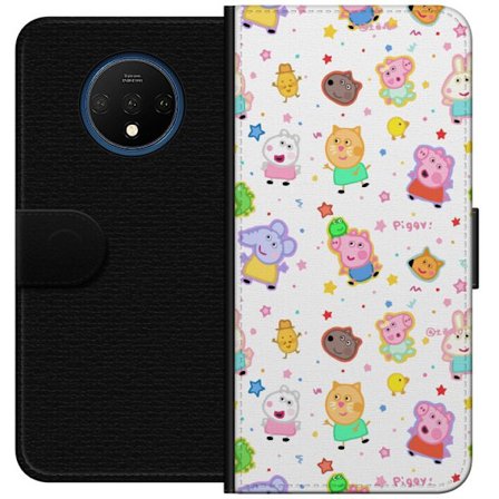 Kompatibelt Lommeboketui til OnePlus 7T Fargerike tegneserie dyrekarakterer i en leken stil med stjerner og prikker på en lys bakgrunn