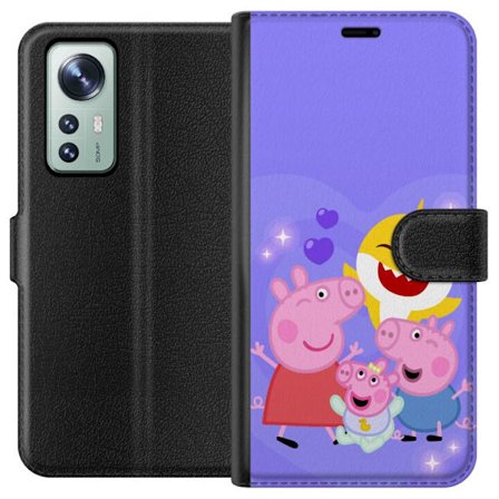 Kompatibelt Lommeboketui til Xiaomi 12 Peppa Gris mønster med hjerter, sommerfugler og venner, lys rosa bakgrunn i myke barneillustrasjoner