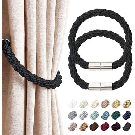 Kaksiosainen setti vahvoja magneettisia verhosidoksia modernilla minimalistisella tyylillä, verhojen kiinnittämiseen sopivat punotut 