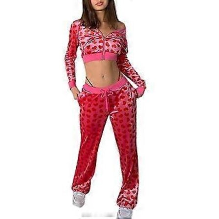 Dam Topp Dragkedja Sammet Kärlekstryck Hoodad Tröja Mode Set Dam