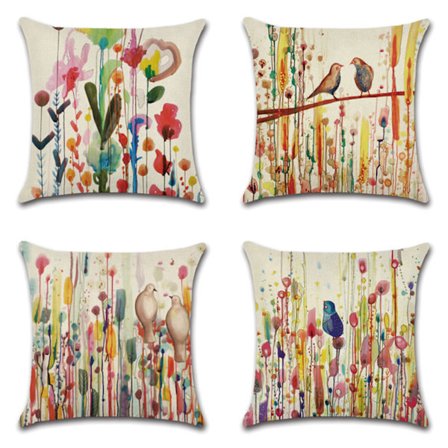 Putetrekk 45x45cm, Sett med 4 Lin-putetrekk Blomsterfugl Livets Dekorasjoner for Sofa Utendørs Hageseng Sofa Bil