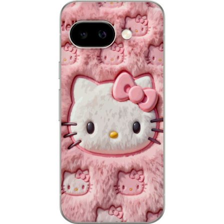 Kompatibelt Mobildeksel til Google Pixel 9a Hello Kitty rosa fluffy bakgrunn med ikoniskt ansikt og kawaii-estetikk