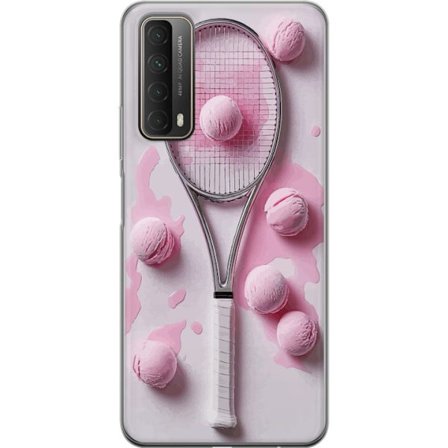 Yhteensopiva Puhelinkuori Huawei Huawei P smart 2021 Ruusunpunaiset lasipallot ja tennismaila luovassa stillikuvassa, jossa on leikkisä pop-tunnelma