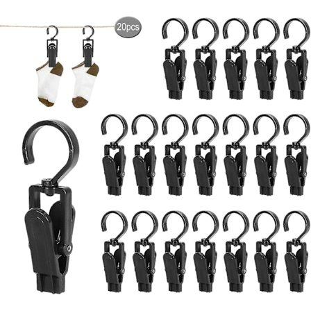 20 stk. store klemmer, vindafviser klemme, plastik klemme, kan rotere 360 grader til håndklæder tøj lagner tæpper, gardiner, hatte (sort)