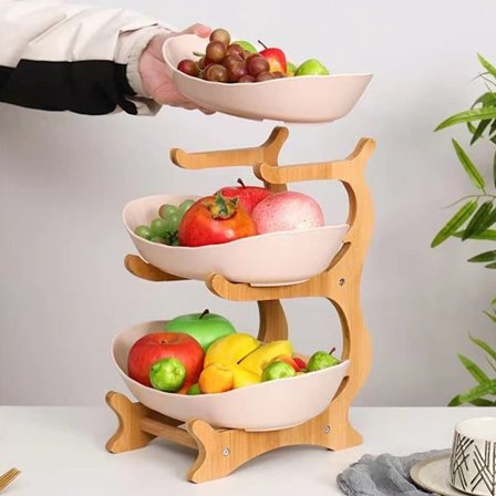 3-etagers Frugtskål med Bambusstativ – Serveringsfad til Fest, Plastskåle til Frugt, Snacks, Nødder & Grøntsager_TF_TF
