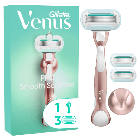 Venus Gillette Venus Pro Smooth Sensitive Rakhyvel, 3 rakblad, duschhållare Hårborttagning Dam 1ST