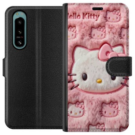 Kompatibelt Lommeboketui til Sony Xperia 5 IV Hello Kitty rosa fluffy bakgrunn med ikoniskt ansikt og kawaii-estetikk