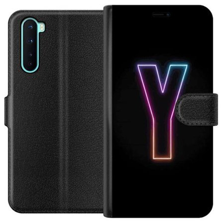 Kompatibel Tegnebogsetui til OnePlus OnePlus Nord Minimalistisk neonbogstav Y i farveskiftende lys mod sort baggrund