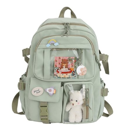 Student skolväskor Stor kapacitet skolväskor med Kawaii Pin och söta tillbehör(Grön)