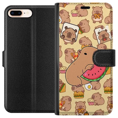 Kompatibelt Plånboksfodral till Apple Apple iPhone 7 Plus Söt capybaror njuter av vattenmelon pizza och popcorn i en varm och lekfull design som spr