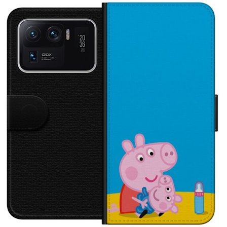 Kompatibel Tegnebogsetui til Xiaomi Mi 11 Ultra Peppa Pig elvertema med krone og tryllestav på lyserød baggrund, sødt børnetegning af Greta Gris i