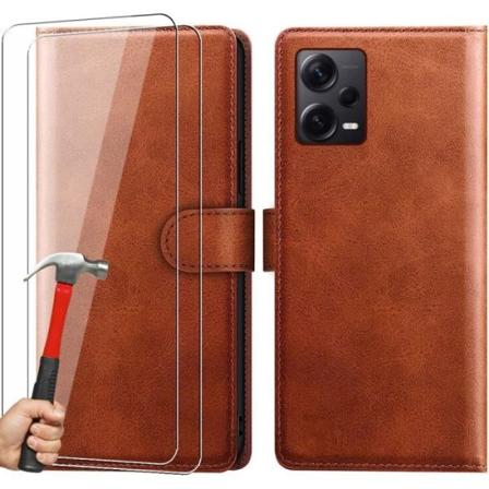 Etui til Redmi Note 12 Pro+ (Note 12 Pro Plus) med 2 hærdede briller, brun lædereffektbeskyttelse kastanj