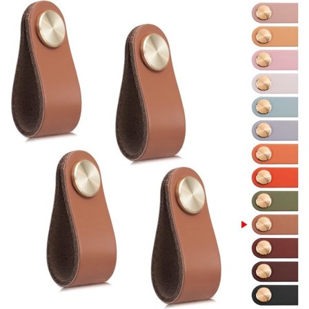 4 stk. lædermøbelhåndtag, skabslågegreb Læderhåndtag Skuffegreb, vintage møbelhåndtag til skabe, kommode (lys kaffe, enkelt hul)
