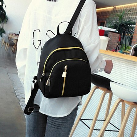 Vanntett casual ryggsekk i nylon med glidelås, myk og komfortabel reiseveske for kvinner, svart, fri størrelse