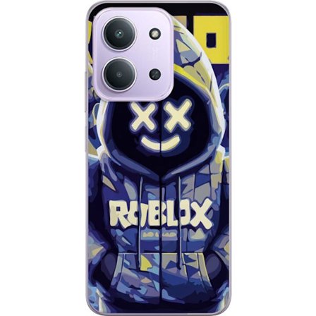 Kompatibelt Mobildeksel til Xiaomi Xiaomi Redmi 15C Blågul Roblox hettegenserfigur med minimalistisk neonstil og masket ansikt, moderne spillillustra