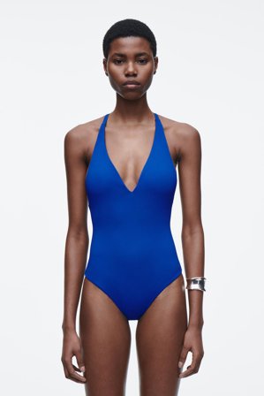 COS Women's Ribbed Crossover-Back Swimsuit in Blue