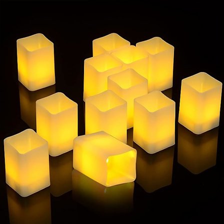 Tealights med timer, batteridrivna, flimmerfria, 12 st varmvita LED-votivljus med timer, fyrkantiga, för bröllop, fest, Bi