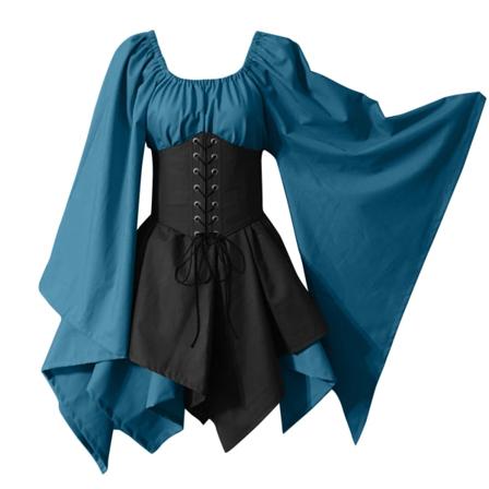 Traditionell irländsk klänning renässans medeltida kostym utsvängd ärm korsett halloween victoriansk kort klänning blue S