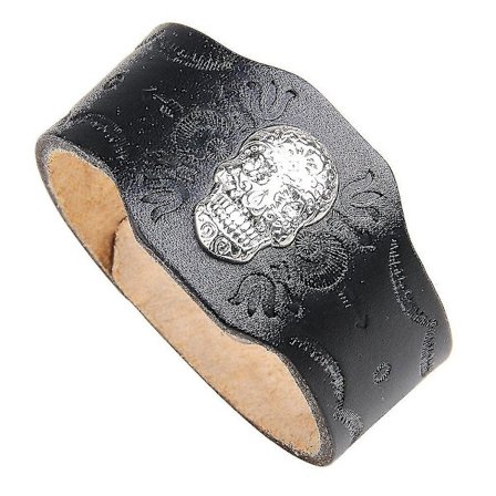 Bredt Rock Punk Lærararmbånd med Prega Skjelettmønster