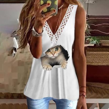 Ärmlösa Linnen För Kvinnor Cat Print T-shirts
